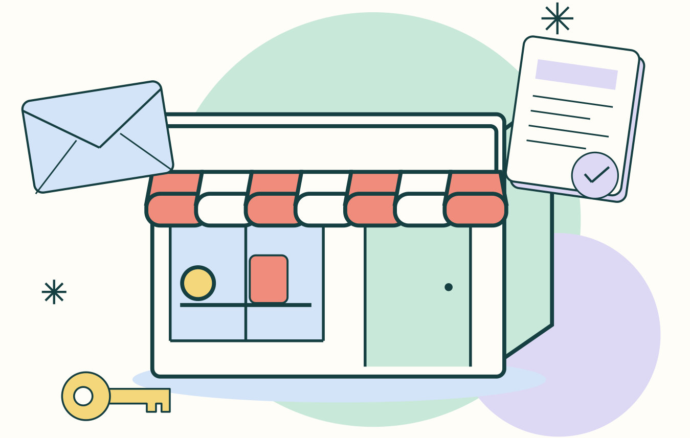 A colourful storefront surrounded by a lease, an email and a key.